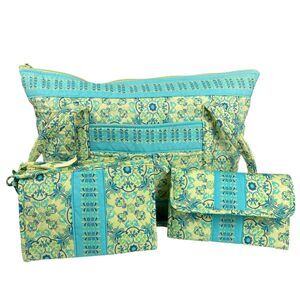 Lemon Hill Quilted Tote Shoulder Bag Wallet & Pouch Set Blue Green Floral Cotton